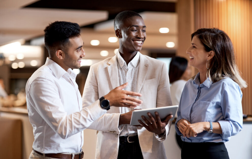 A female sales rep with great skills for marketing, trying to persuade a client.